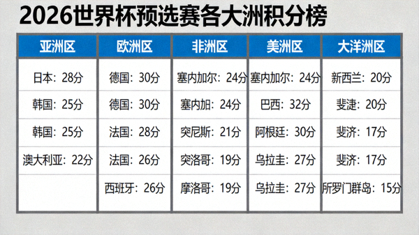 2026世界杯预选赛 各大洲积分榜